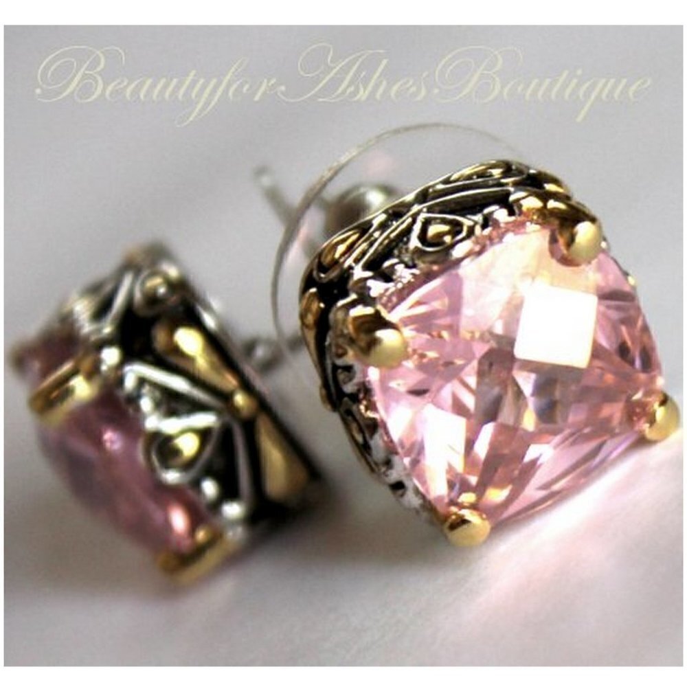 10mm Checker Cushion Cut Two Tone Throne Room Pink Old World Classic CZ Earrings